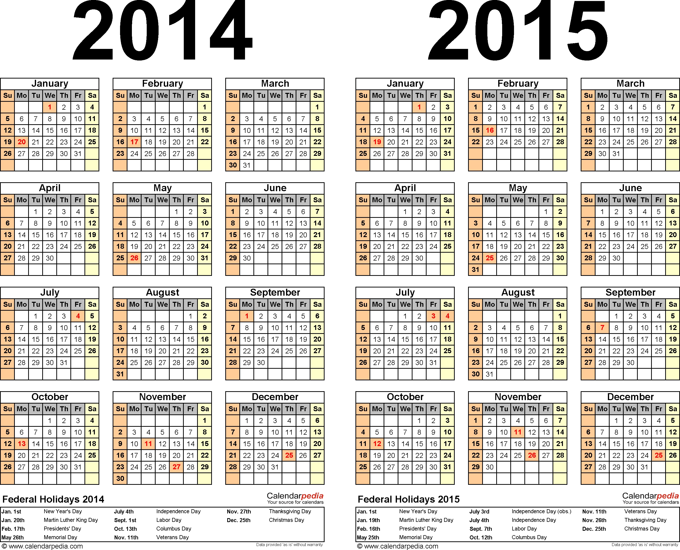 2014-2015 Calendar - Free Printable Two-Year Pdf Calendars  Printable 2014 Calendar With Canadian Holidays