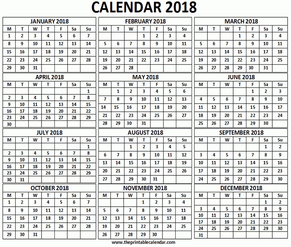 2018 Calendar 12 Months On One Page Free Printable Beauteous Month  12 Month Calendar On One Page