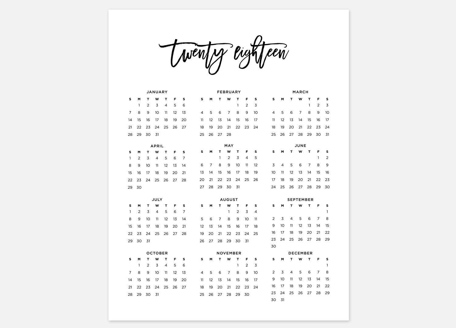 2018 Year At A Glance Calendar - Yeniscale.co  Year At A Glance Calendar Simple Design