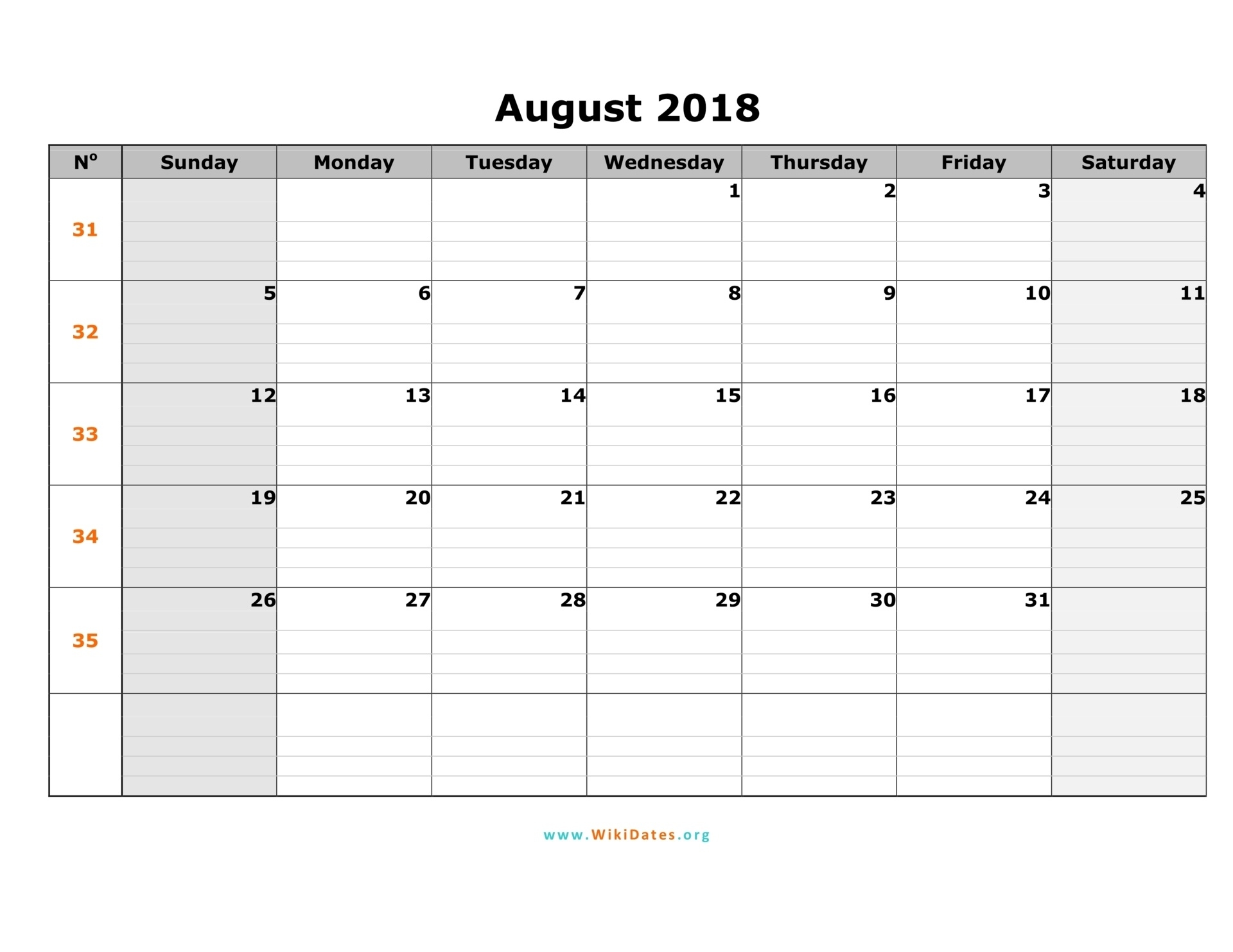 August 2018 Calendar | Wikidates  Weekly Calandar Template Starting Monday