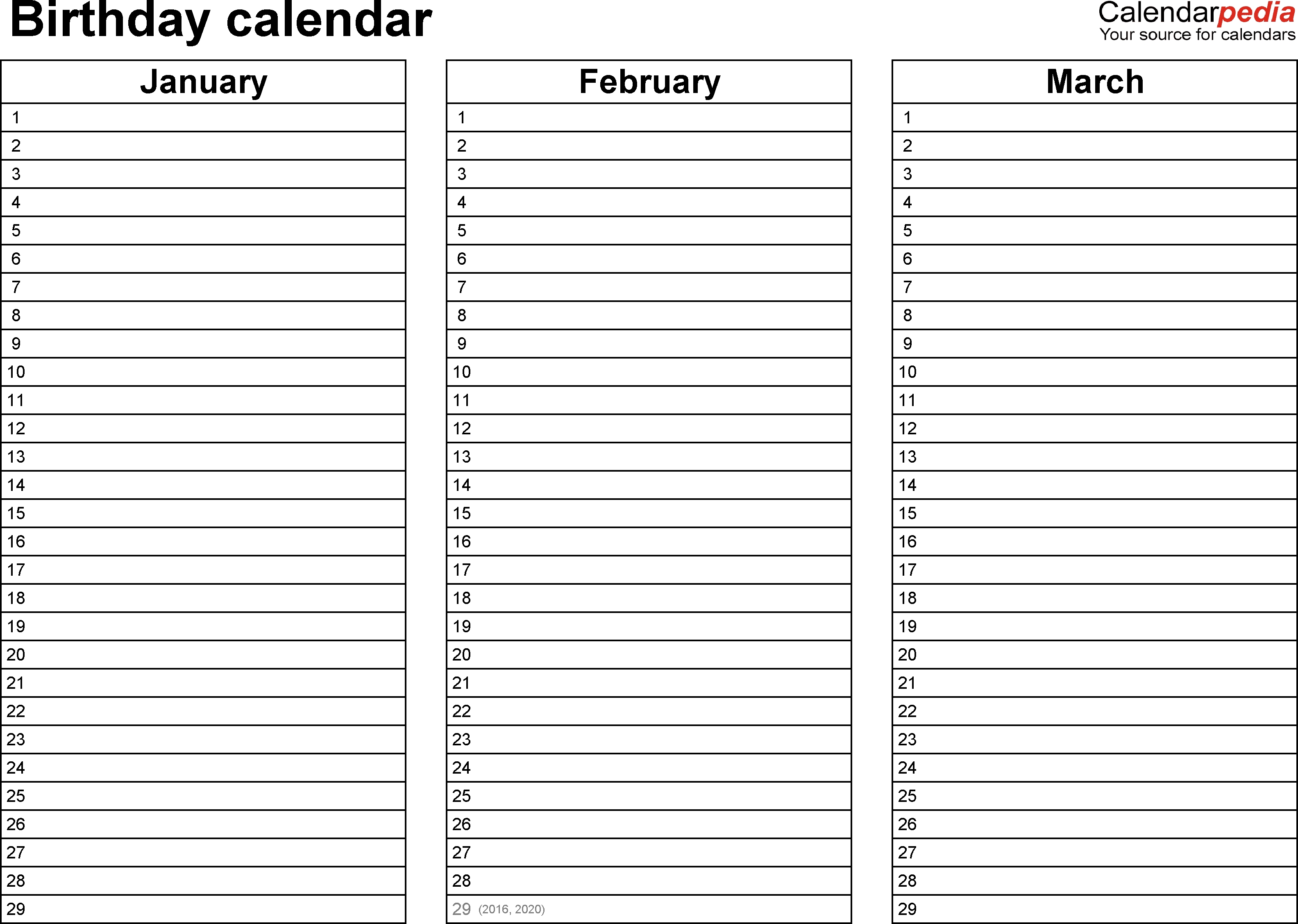 Birthday Calendars - 7 Free Printable Word Templates  12 Month Birthday Calendar Template