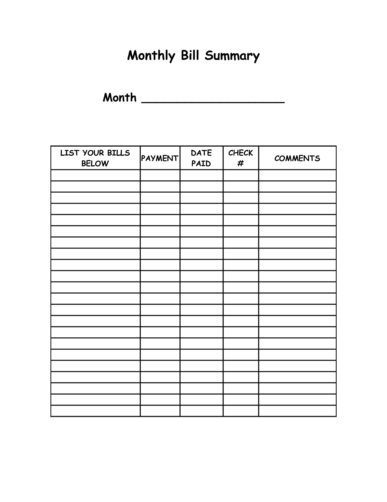Blank Bill Payment Organizer | Monthly Bill Summary - Doc | Cats  Bills Paid In And Out Sheet