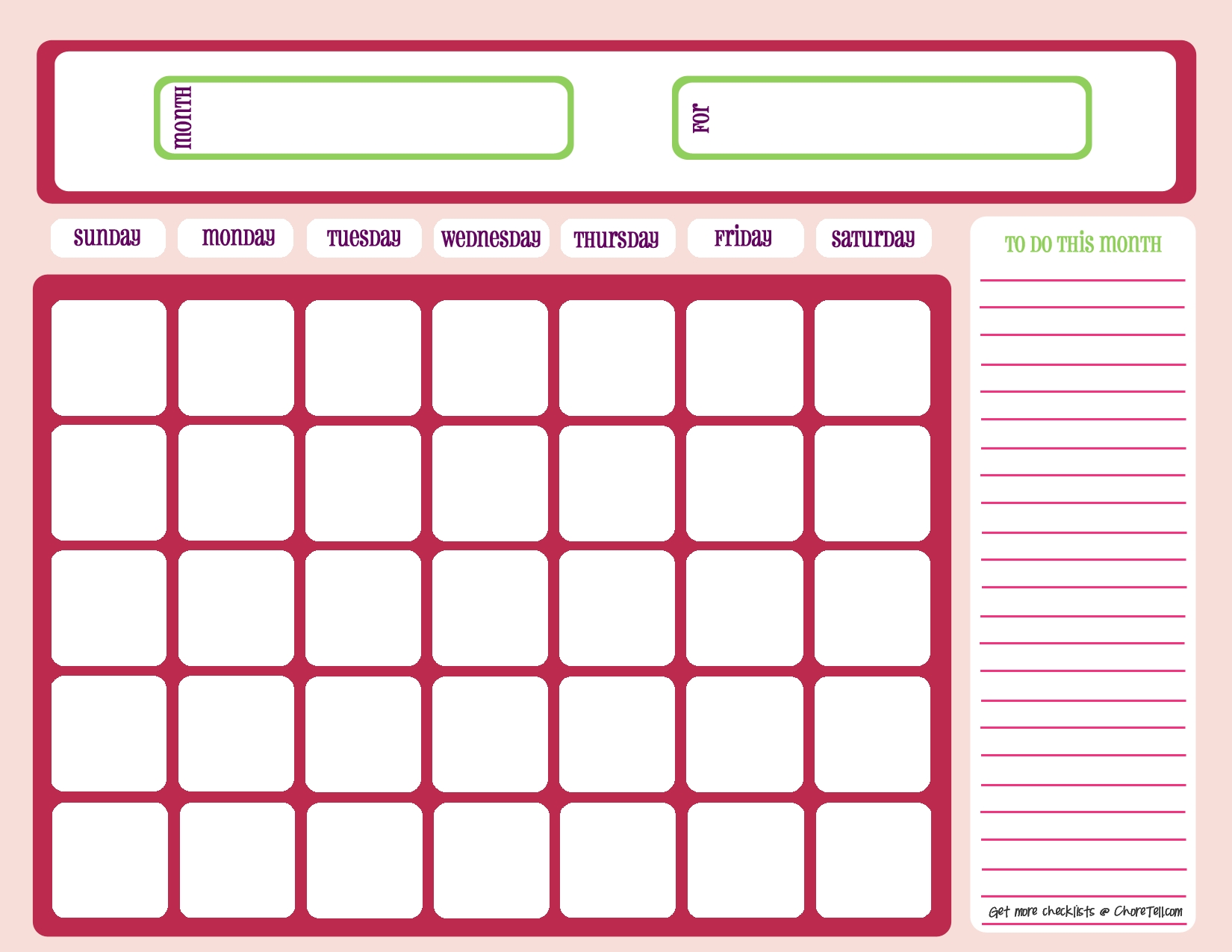 Blank Month Calendar - Pinks - Free Printable Downloads From  Large Empty Monthly Calendar Monday Start