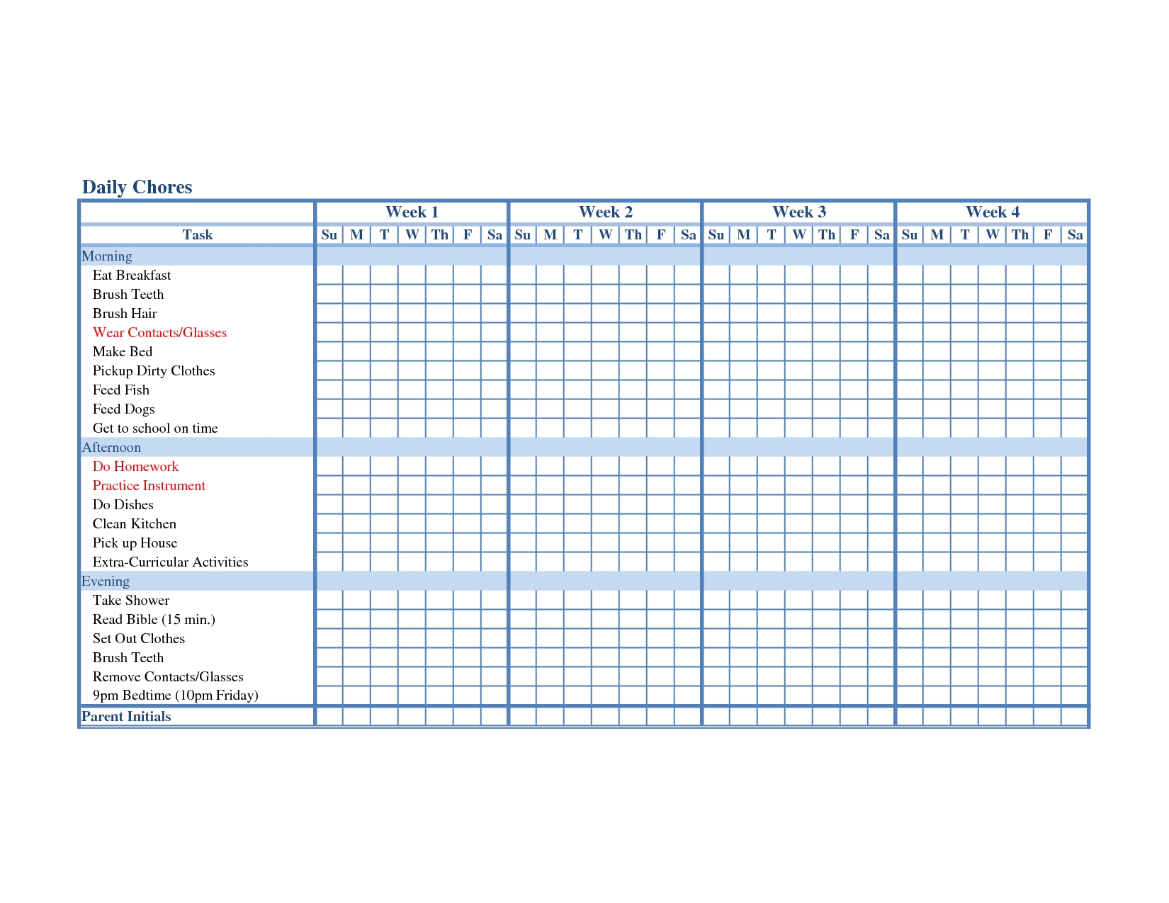 Chore List Calendar Template | Printable Blank Childrens Chore  Printable Pick Up Schedule Template