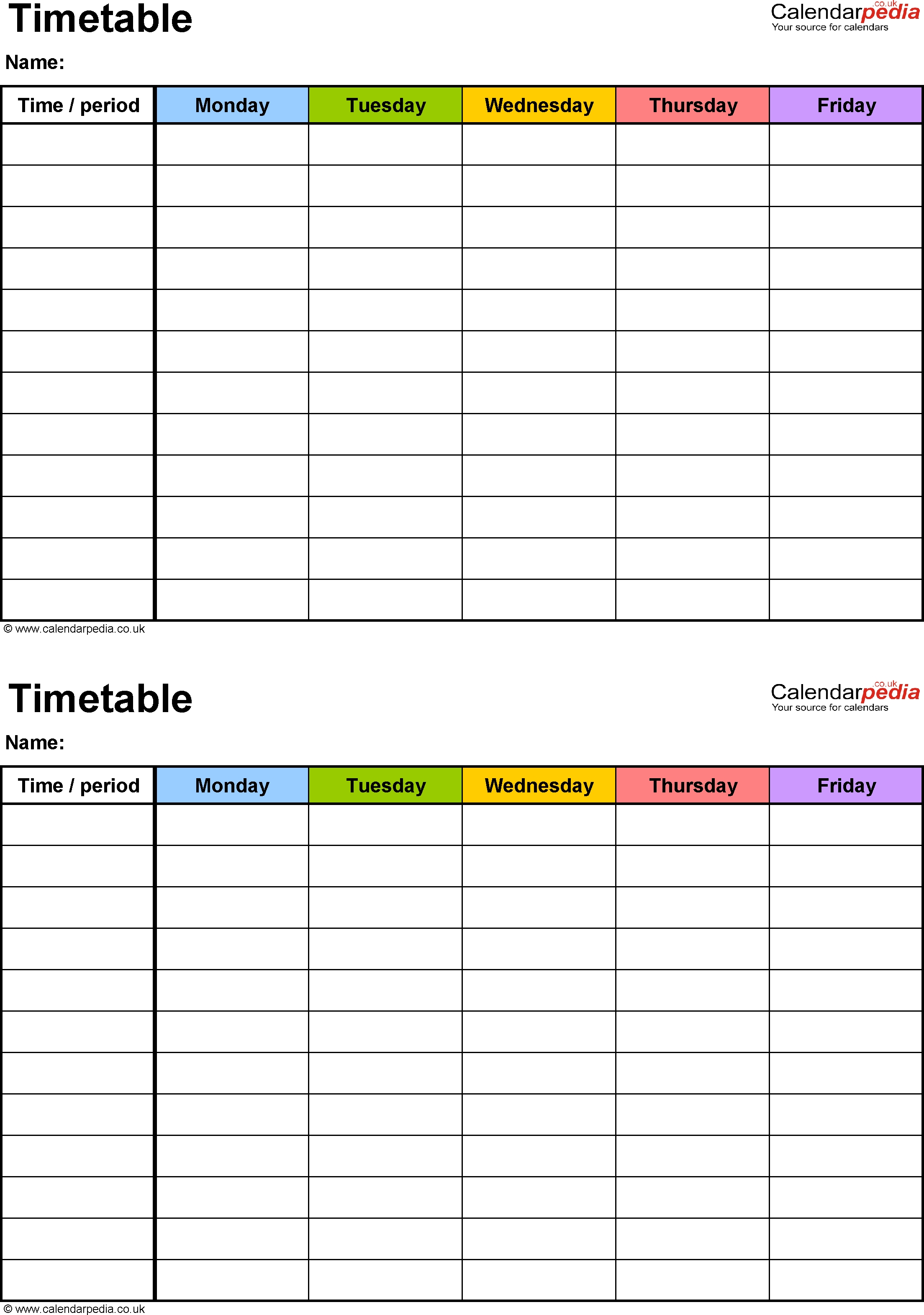 Excel Timetable Template 6: 2 A5 Timetables On One Page, Portrait  Blank Printable Weekly Calendars Templates