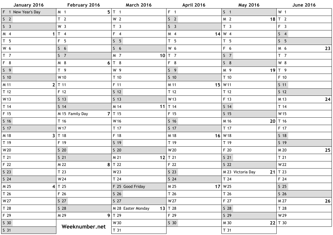 February 2016 Calendar Canada 2017 Printable And With Week Numbers  Network Rail Calendar Week Numbers