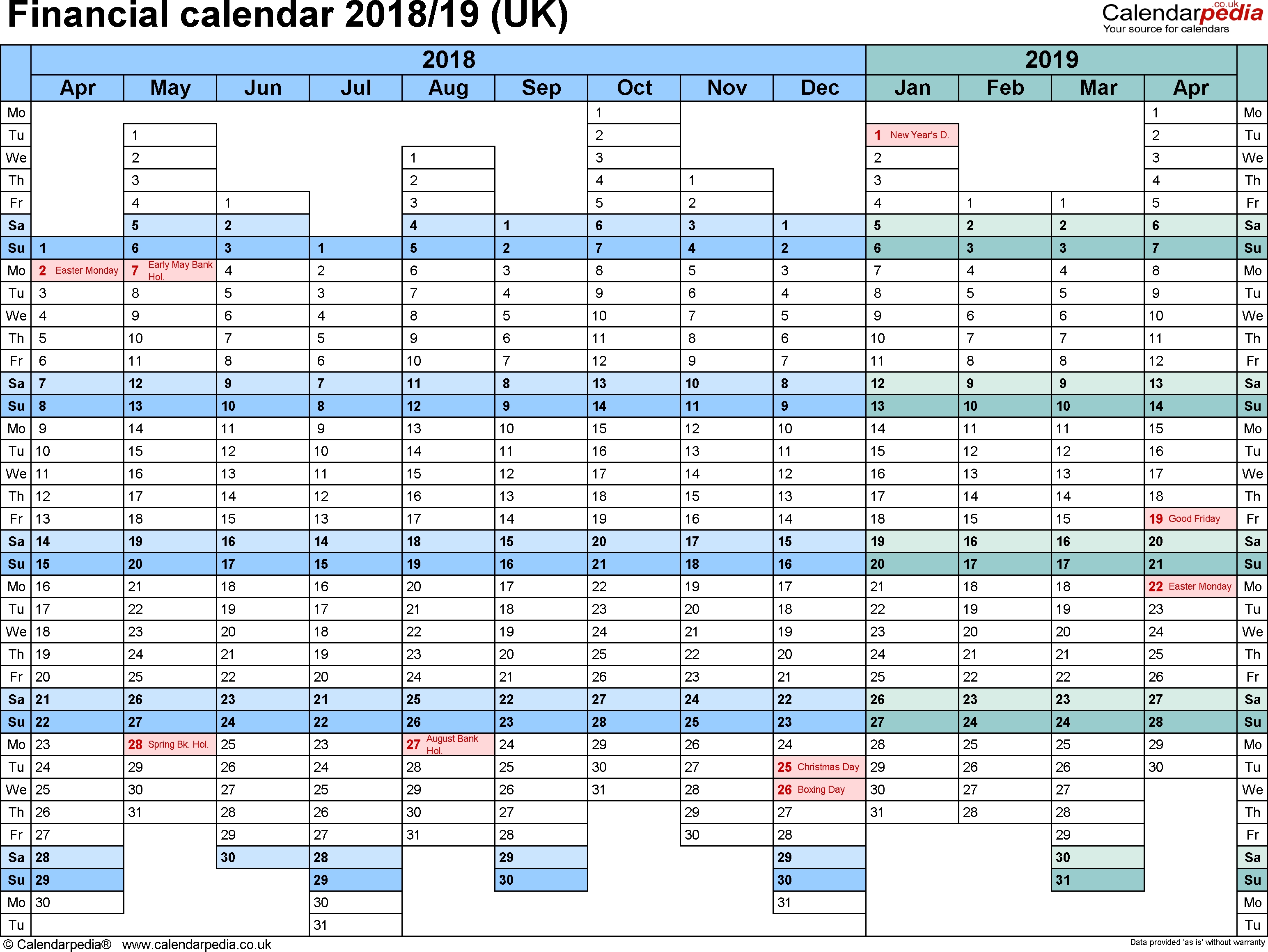 Financial Calendars 2018/19 (Uk) In Pdf Format  Network Rail Calendar Week Numbers