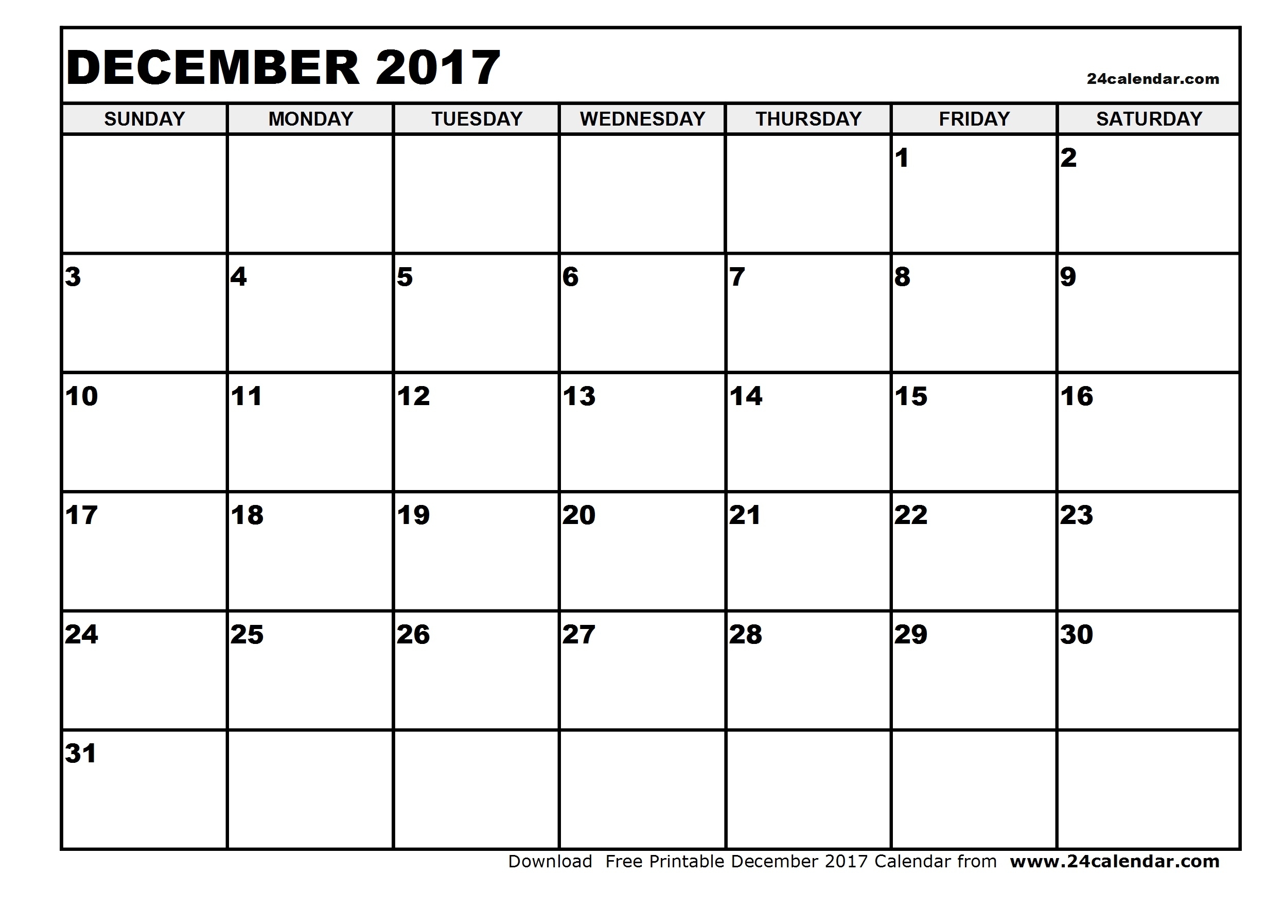 Full Size Printable Calendar For December 2017 | Calendar Template 2018  Printable Full Size Blank Calendar