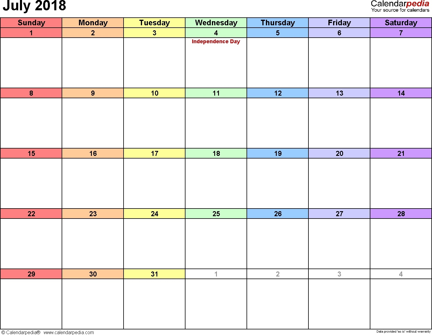July 2018 Calendar Word | Calendar Month Printable  Calendar With Large Space For Notes In Excel