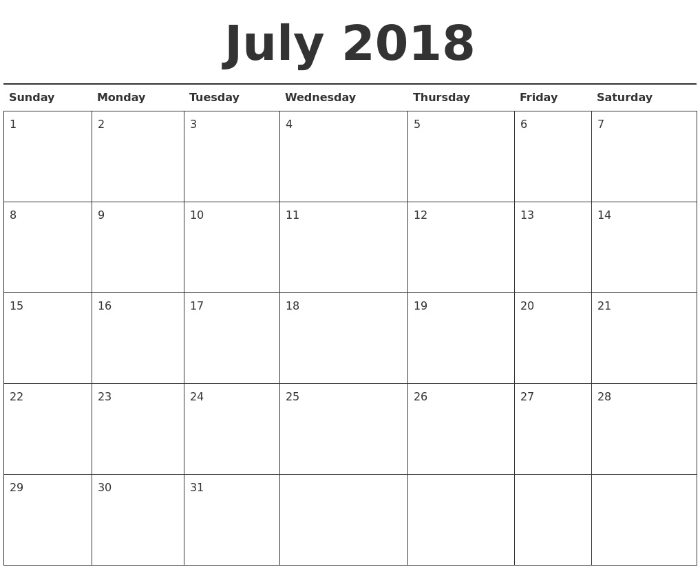 July 2018 Printable Calendar | Calendar Month Printable  June And July Calendar Month