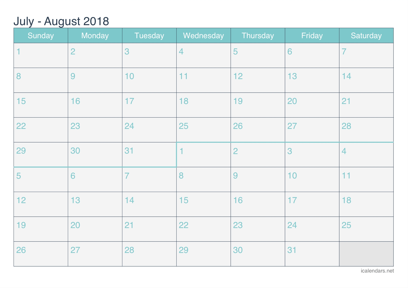 July And August 2018 Printable Calendar - Icalendars  Printable July Through August Calendars