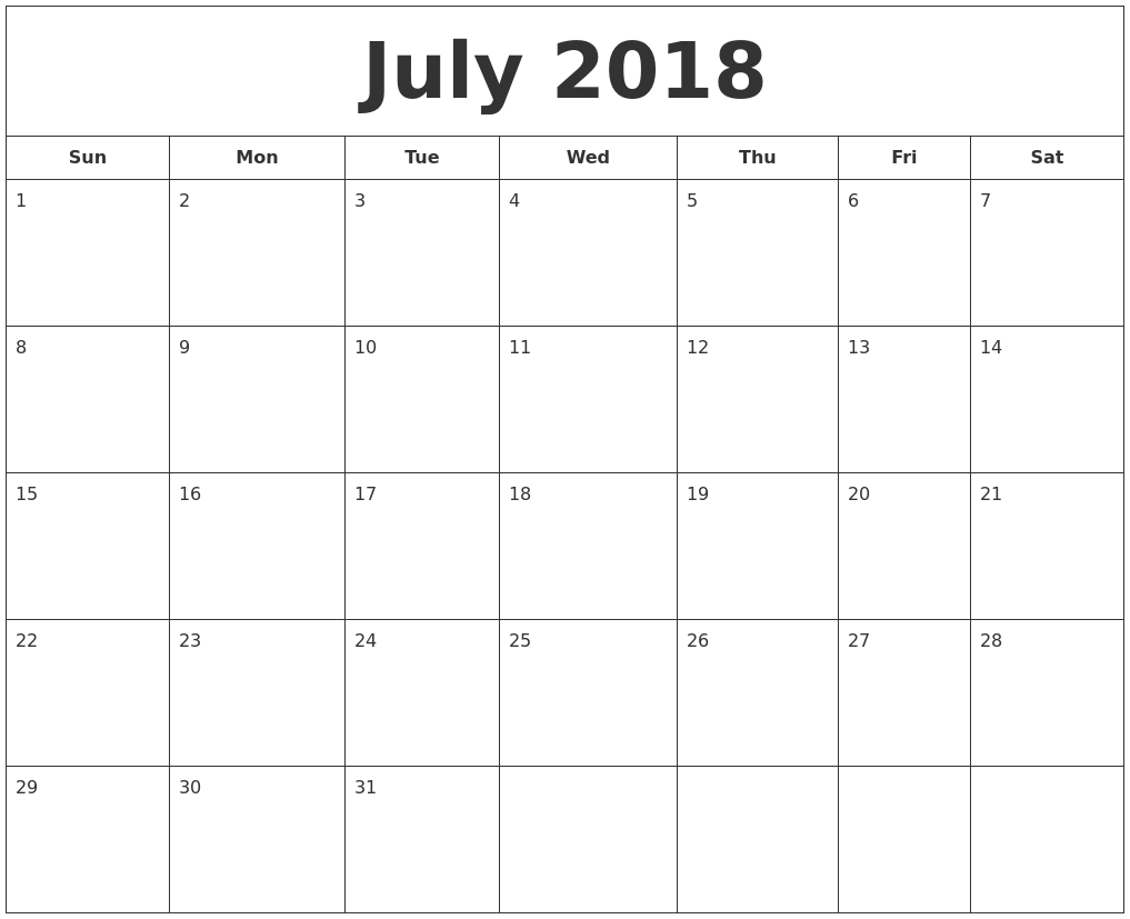 June And July 2018 Printable Calendar - Yeniscale.co  Print Month Of June And July