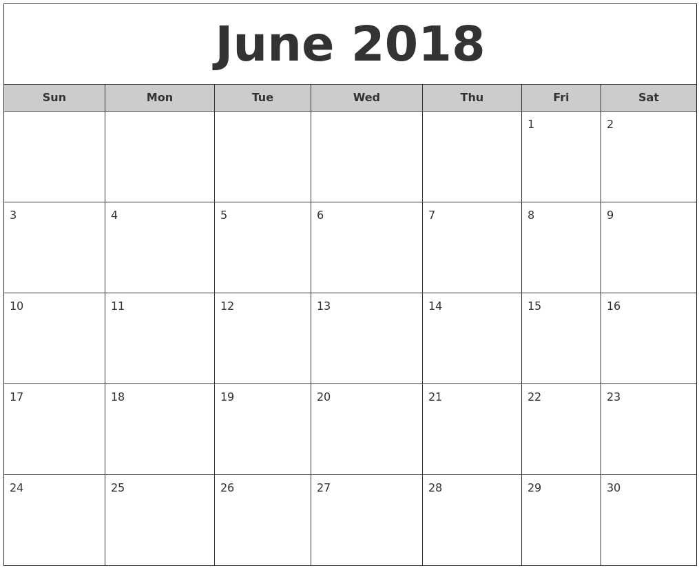 June Monthly Calendar For 2018 – Daily Calendar 2018 Printable  June And July Calendar Printable