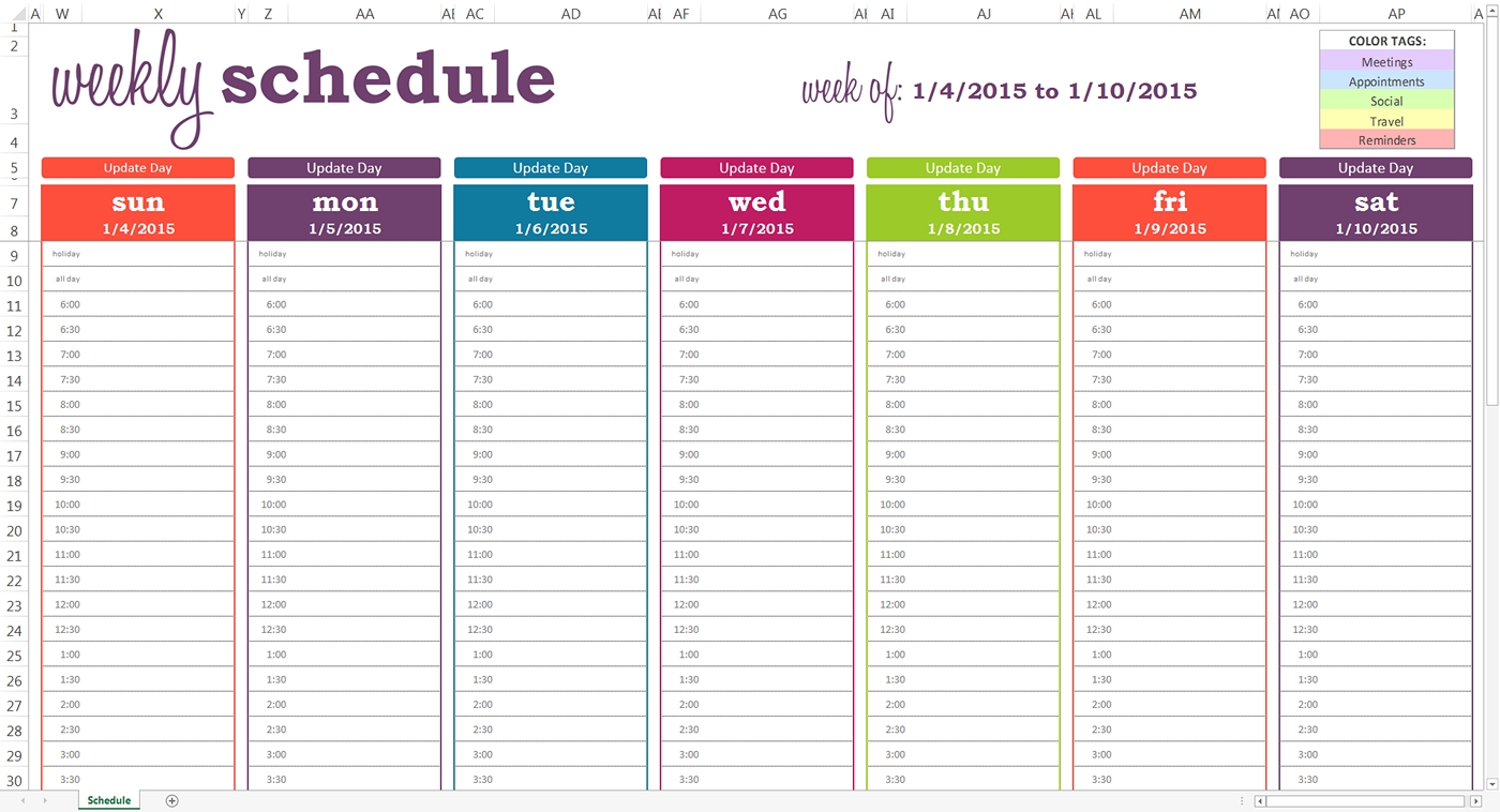 weekly calendar template with times excel template