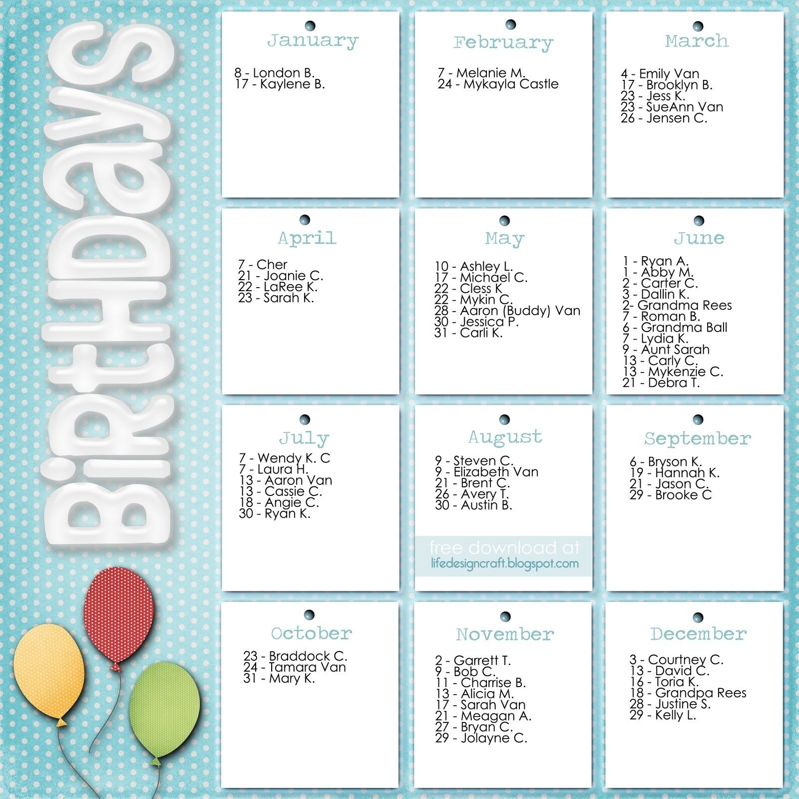 Life.design. And The Pursuit Of Craftiness: Birthday Calendar  12 Month Birthday Calendar Template