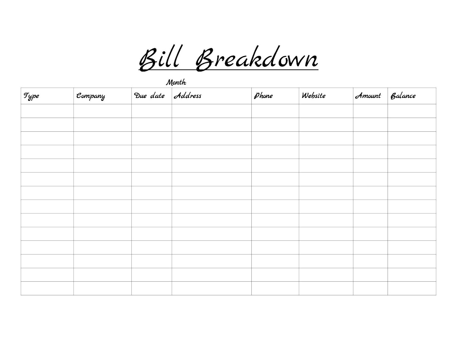 Monthly Bill Log Template  Blank Monthly Bill Payment Worksheet