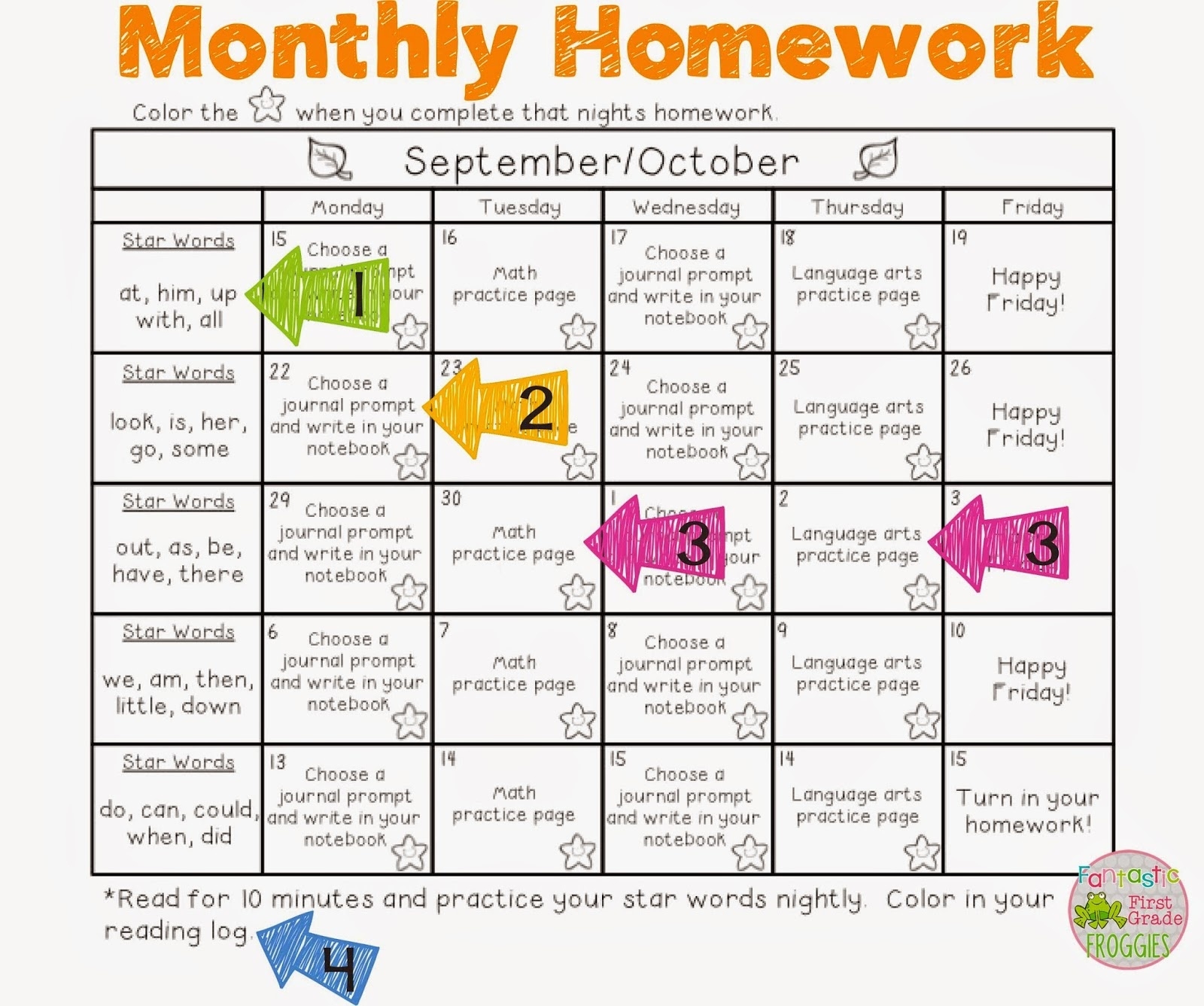 first grade homework calendar