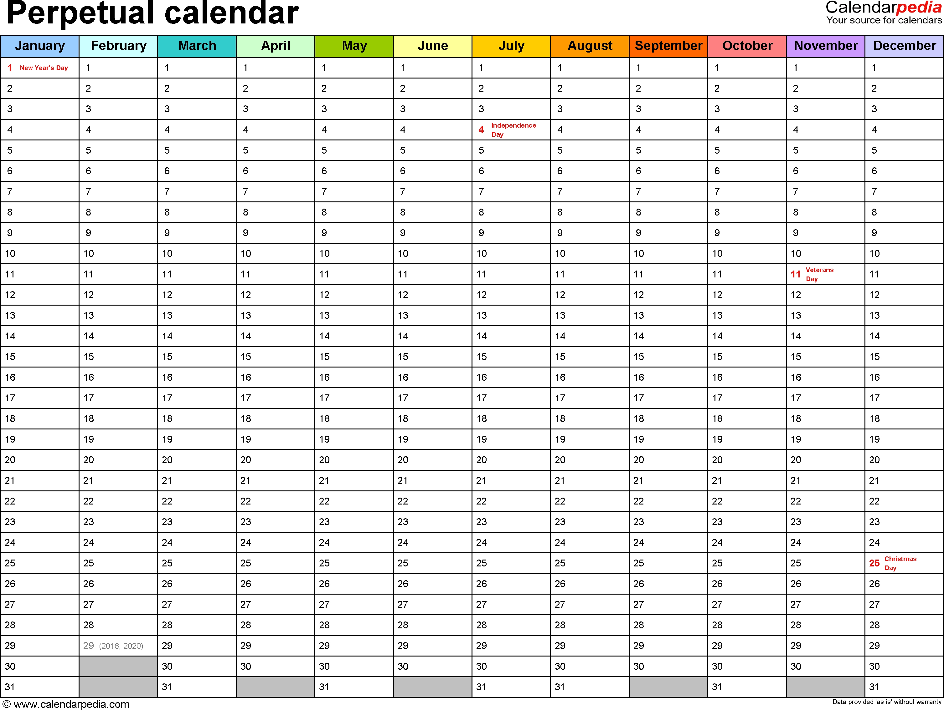Perpetual Calendars - 7 Free Printable Excel Templates  Year At A Glance Printable Template