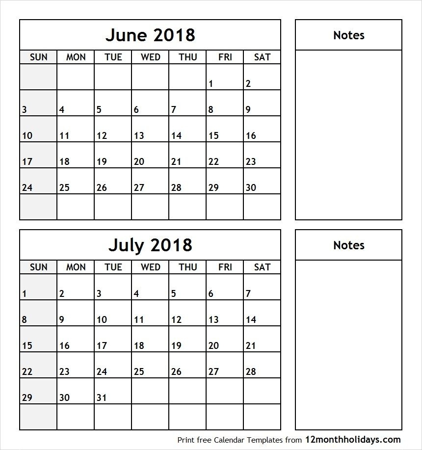 Print Free June July 2018 Calendar Template With Notes. Download  Print Month Of June And July