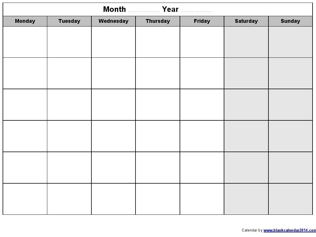 Printable Blank Monthly Calendar Templates Monday Template No Dates  Blank Monthly Calendar Monday Start