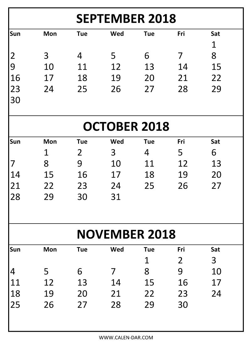Sep Oct Nov 2018 Calendar September October And November  Month Calendar Printable Sept Oct Nov Dec