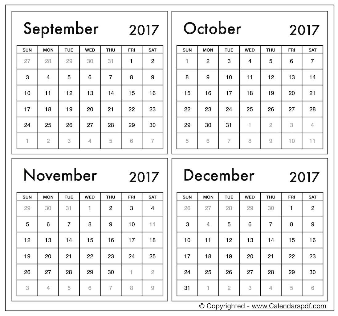 September To December 2017 Calendar | Sep Oct Nov Dec 2017  Month Calendar Printable Sept Oct Nov Dec