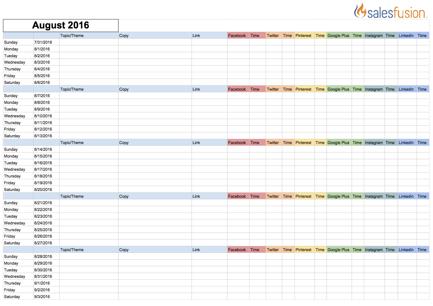 Social Media Content Calendar Template | Salesfusion  Social Media Posting Calendar Template