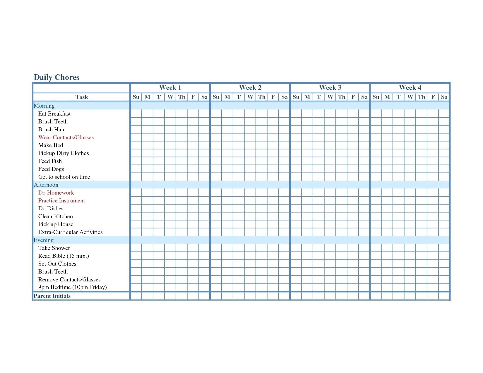 Template: Chores Schedule Template  Printable Pick Up Schedule Template
