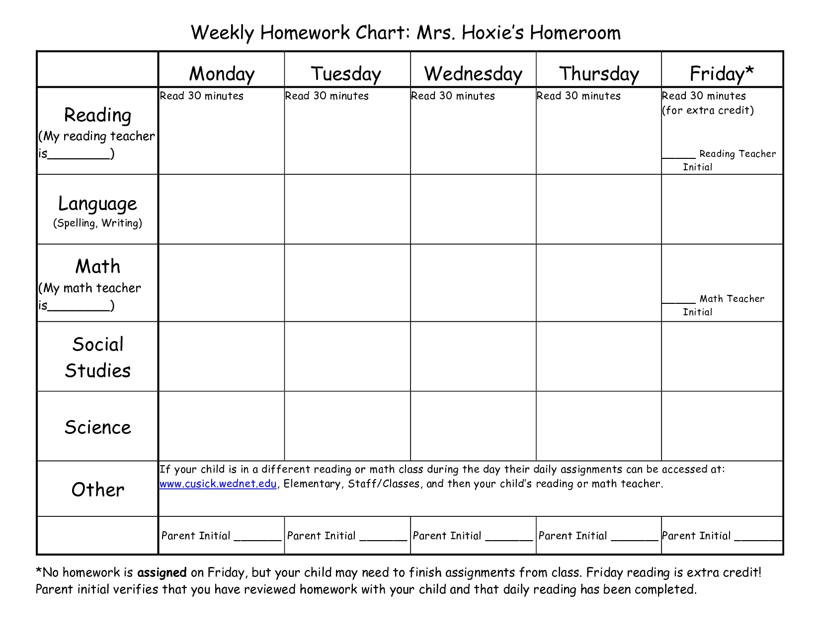 Weekly Homework Assignment Sheet Template - Yeniscale.co  1St Grade Homework Chart Templates