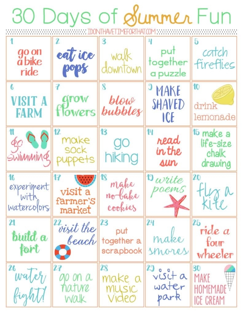 30 Days Of Summer Fun Challenge (+ Free Printable) - I Don&#039;t Have  30 Day Water Challenge Printable