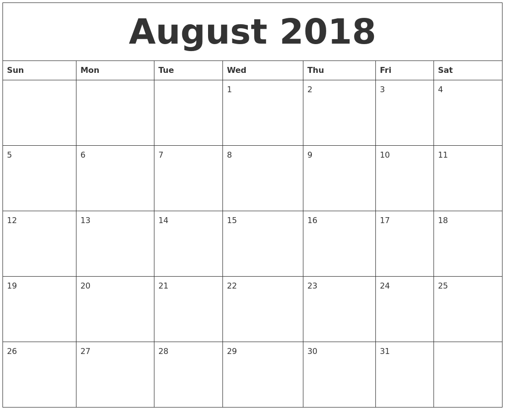 August 2018 Free Printable Monthly Calendar  Free Printable Month By Month Calendars