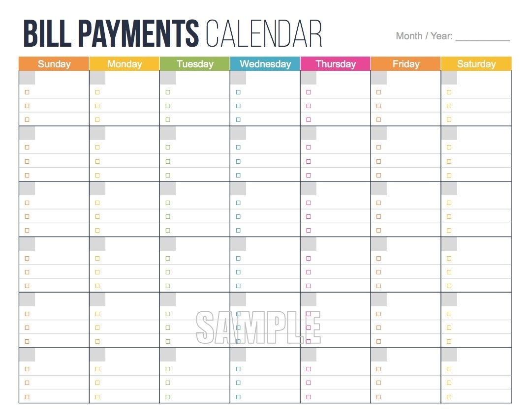 Bill Payments Calendar Editable Personal Finance  Calendar With Bill Due Dates