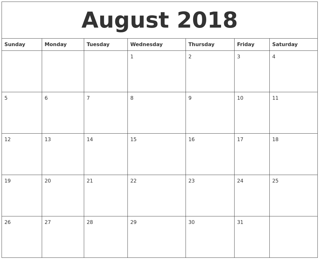 Blank Calendar August Month 2018 – Printable Calendar Templates 2018  Blank Monthly Holiday Sheet Template
