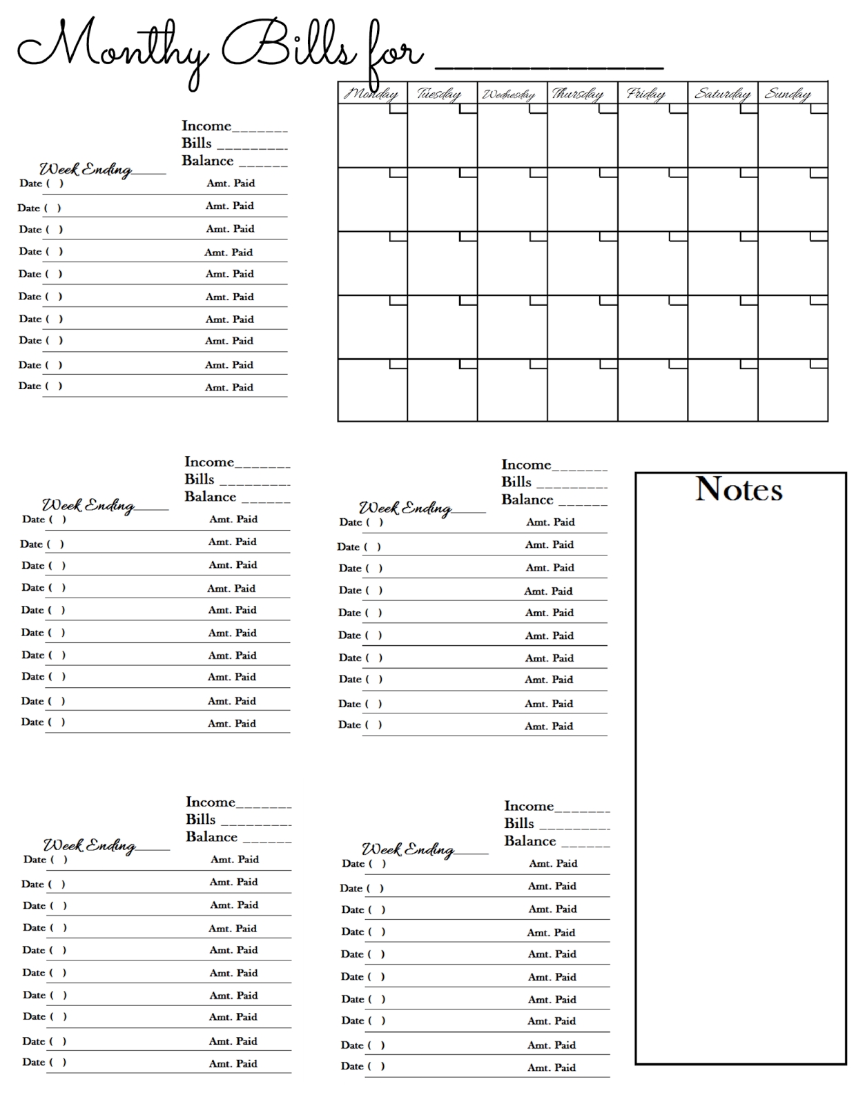 Blank Monthly Bill Payment Sheet