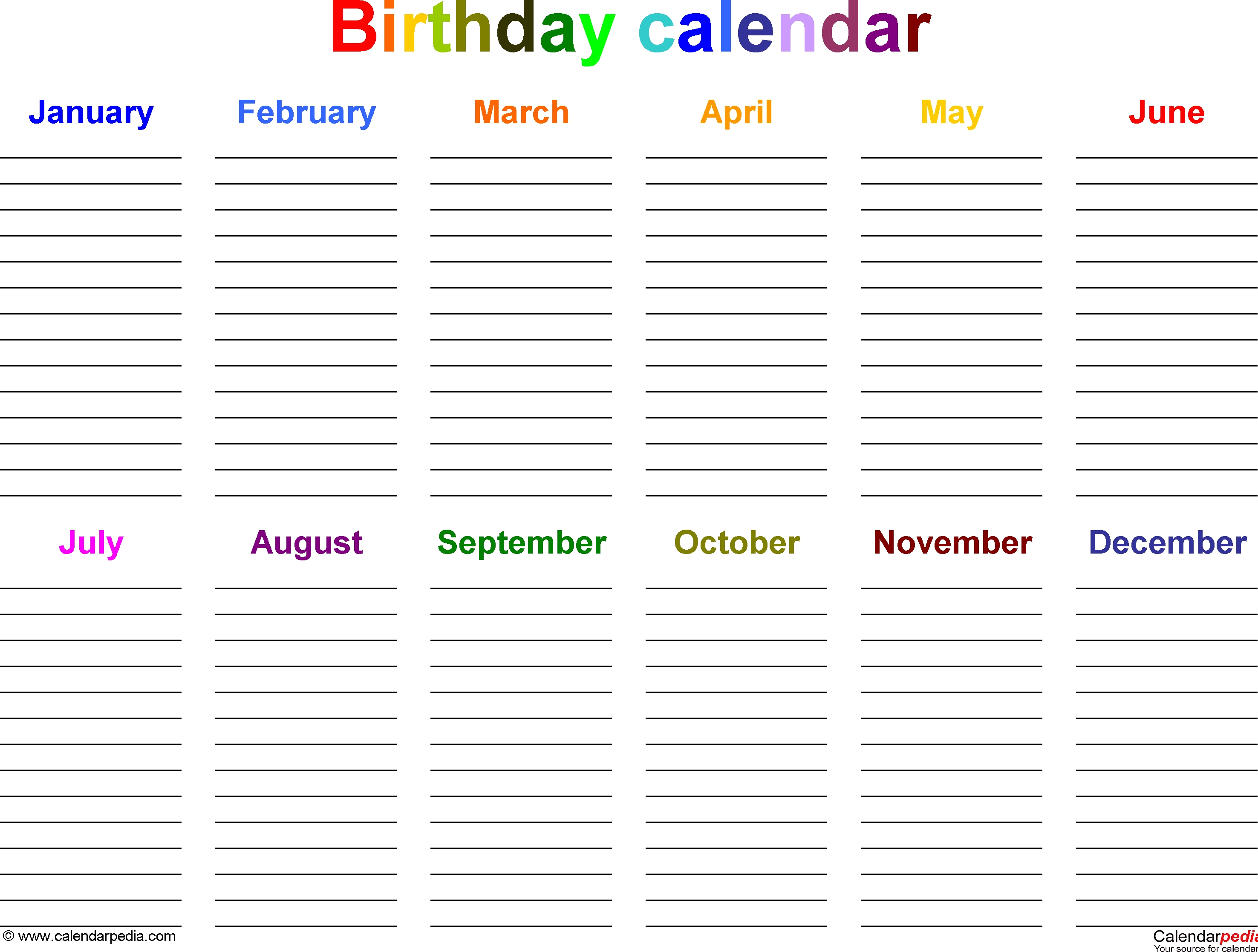 Excel Template For Birthday Calendar In Color (Landscape Orientation  Format For A Birthday/ Anniversary Calendar