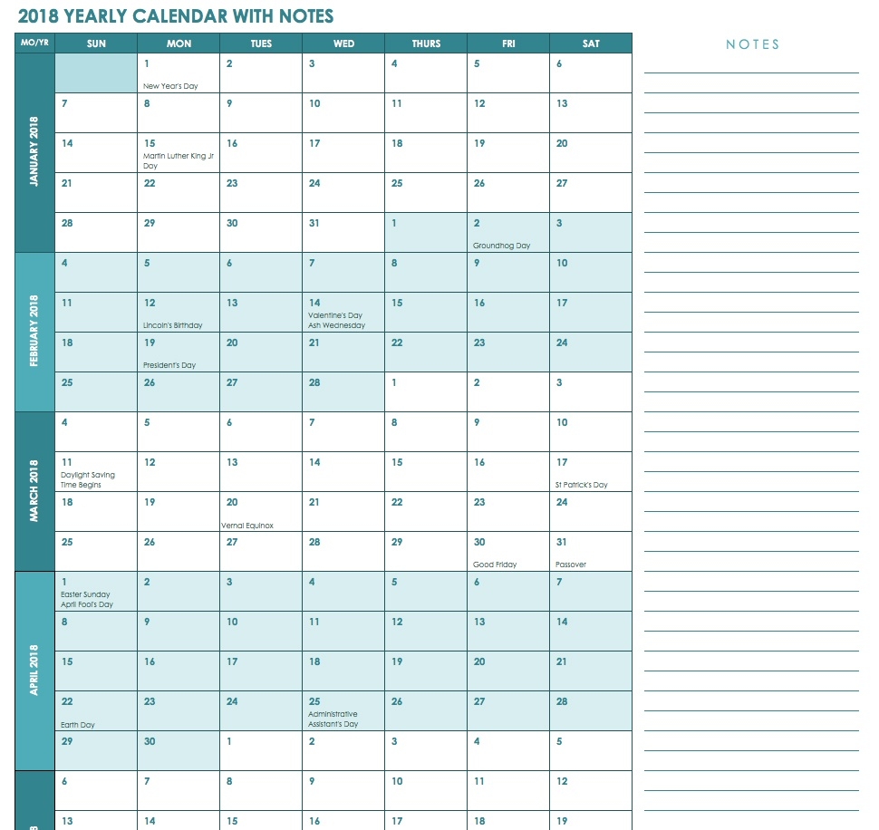 Free Excel Calendar Templates  Monthly Calendar Printable Template Notes Column