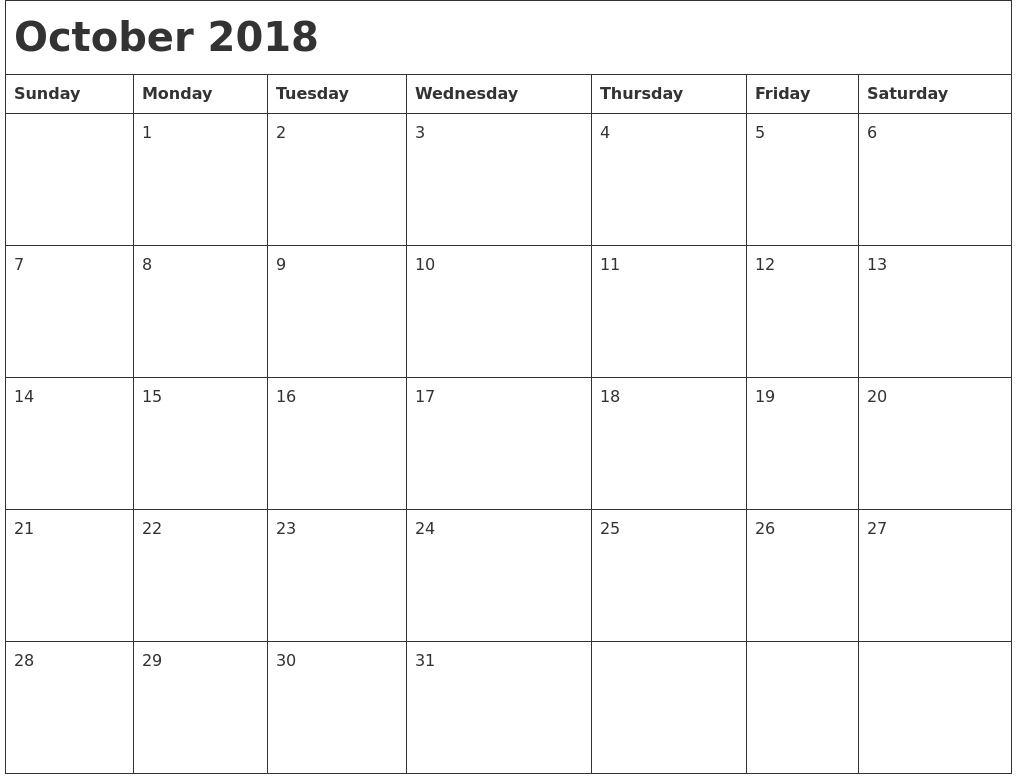 Free Printable October Calendar 2018 – Printable Calendar 2018  August And Septembercalendar Free Printables