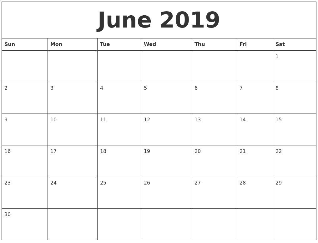 June 2019 Blank Monthly Calendar Template  Free Editable Monthly Calendar Printable