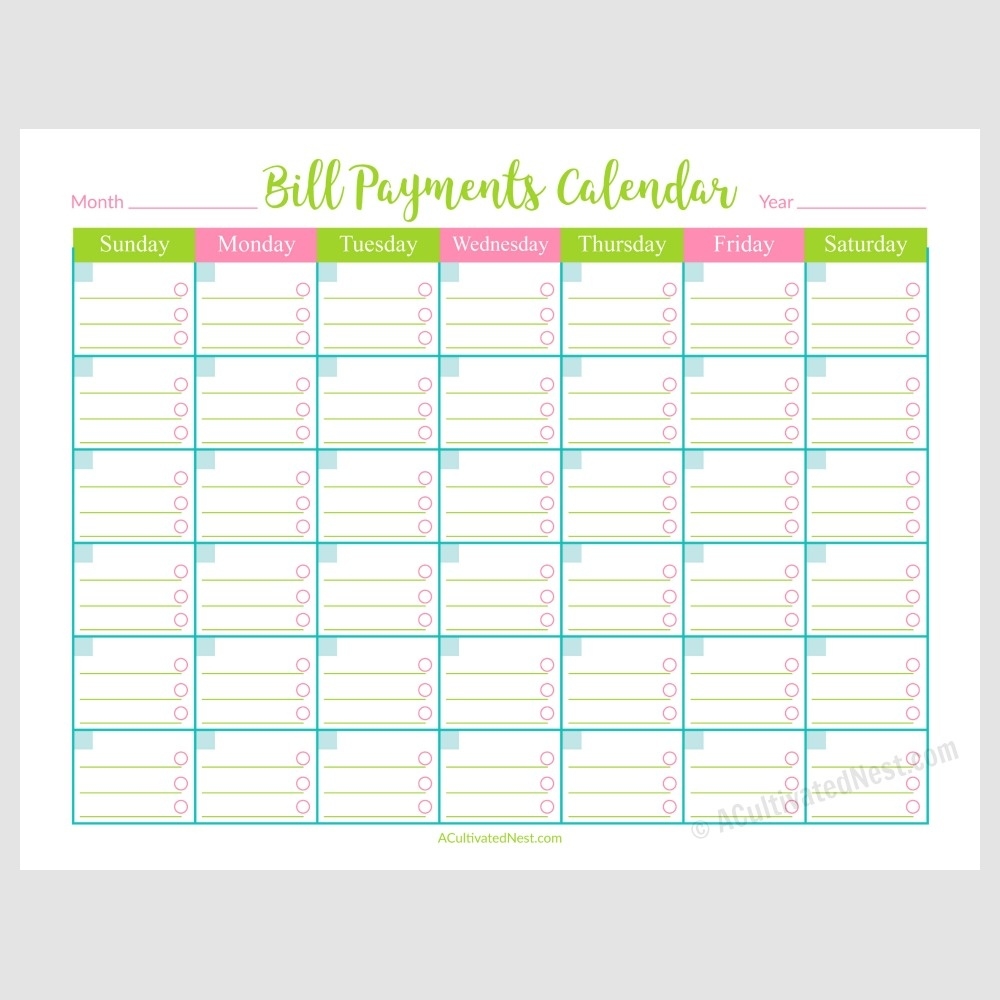 Printable Bill Payments Calendar- A Cultivated Nest  Calendar With Bill Due Dates