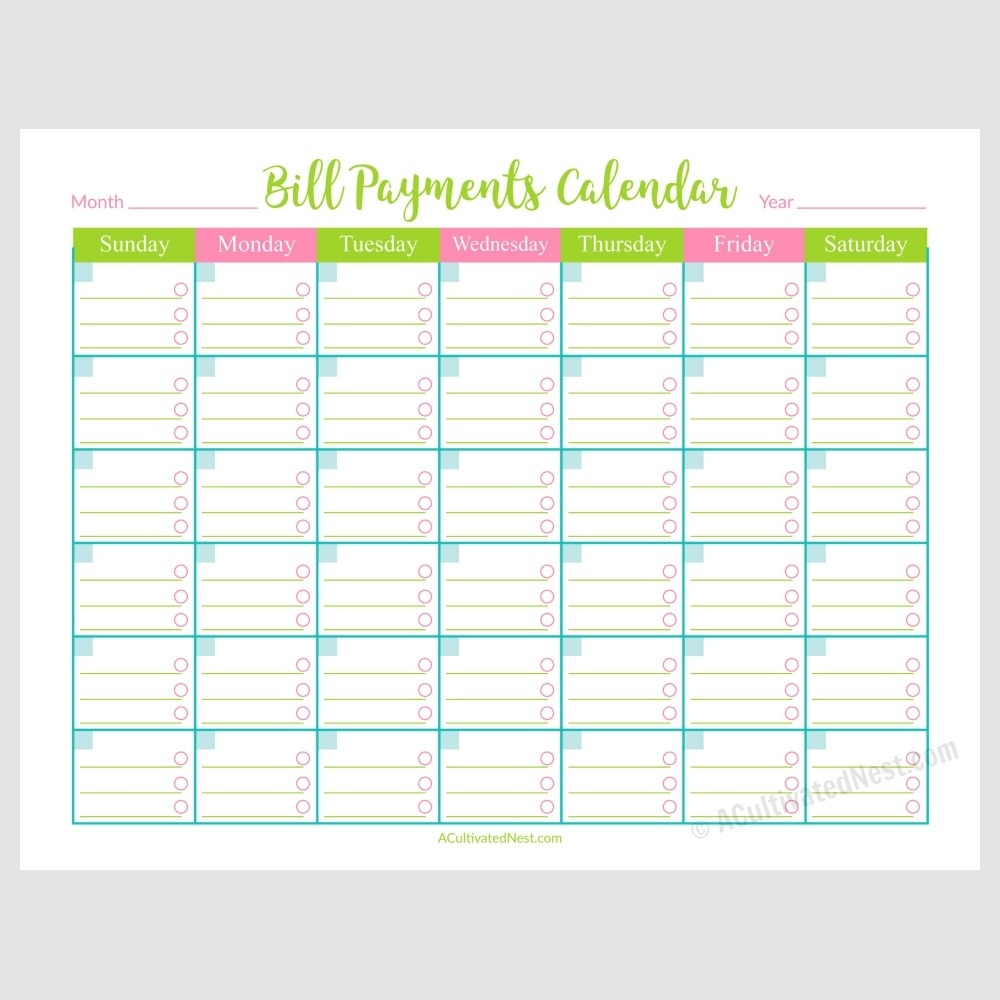 Calendar With Bill Due Dates Template Calendar Design