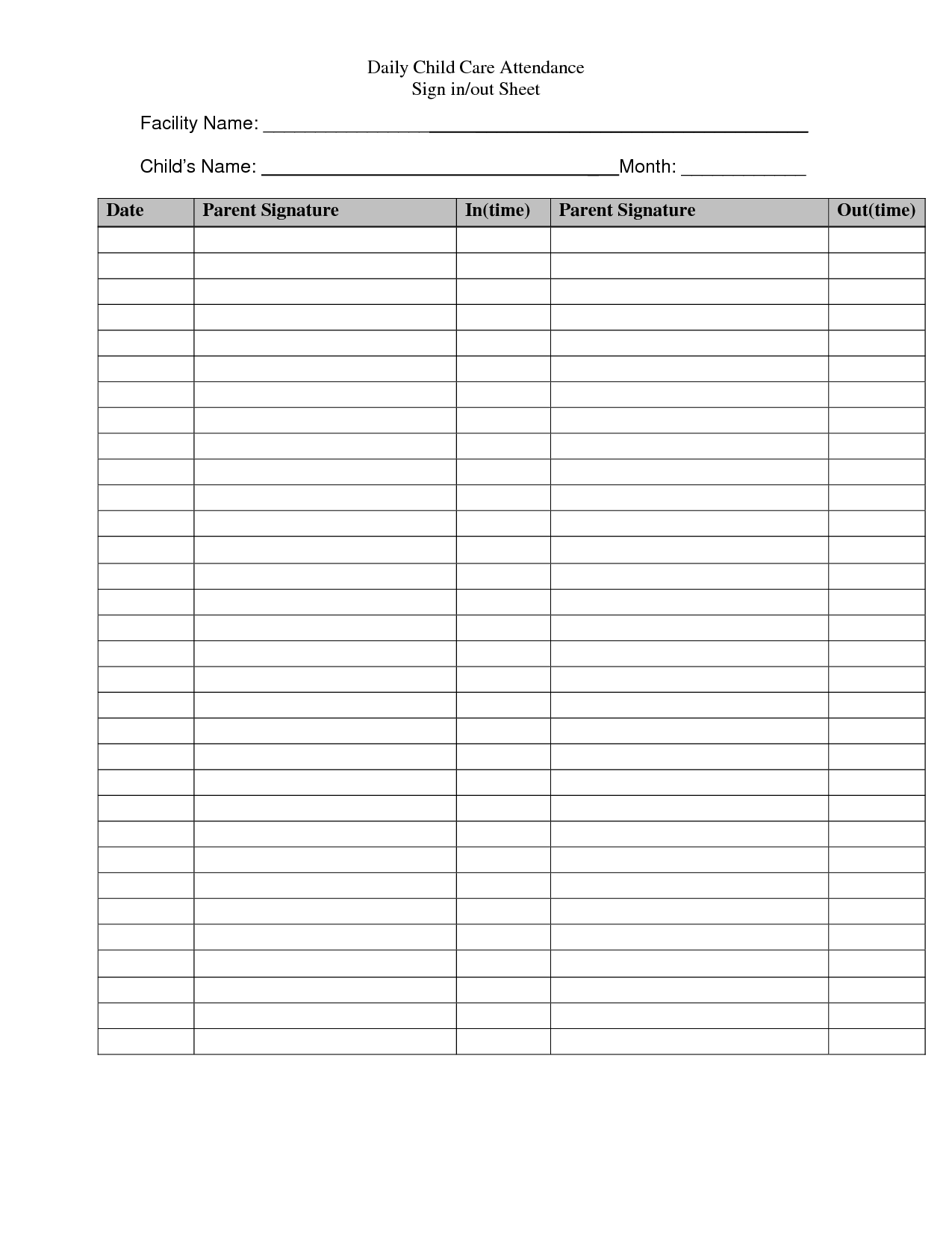 Templates That Are Free For Daycare Signs | Daily Child Care  Day Care Attendance Sheet Template