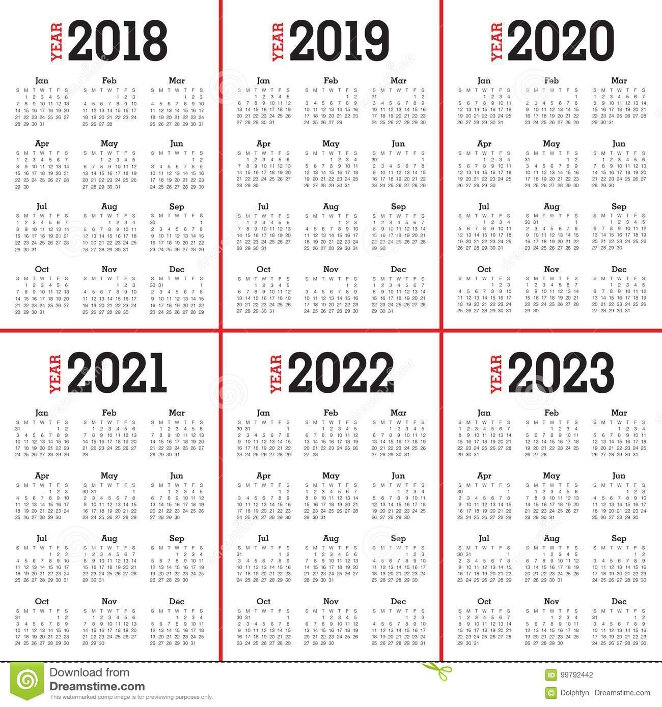 Year 2018 2019 2020 2021 2022 2023 Calendar Vector Stock Vector  2023 Calendar Printable One Page E Printable