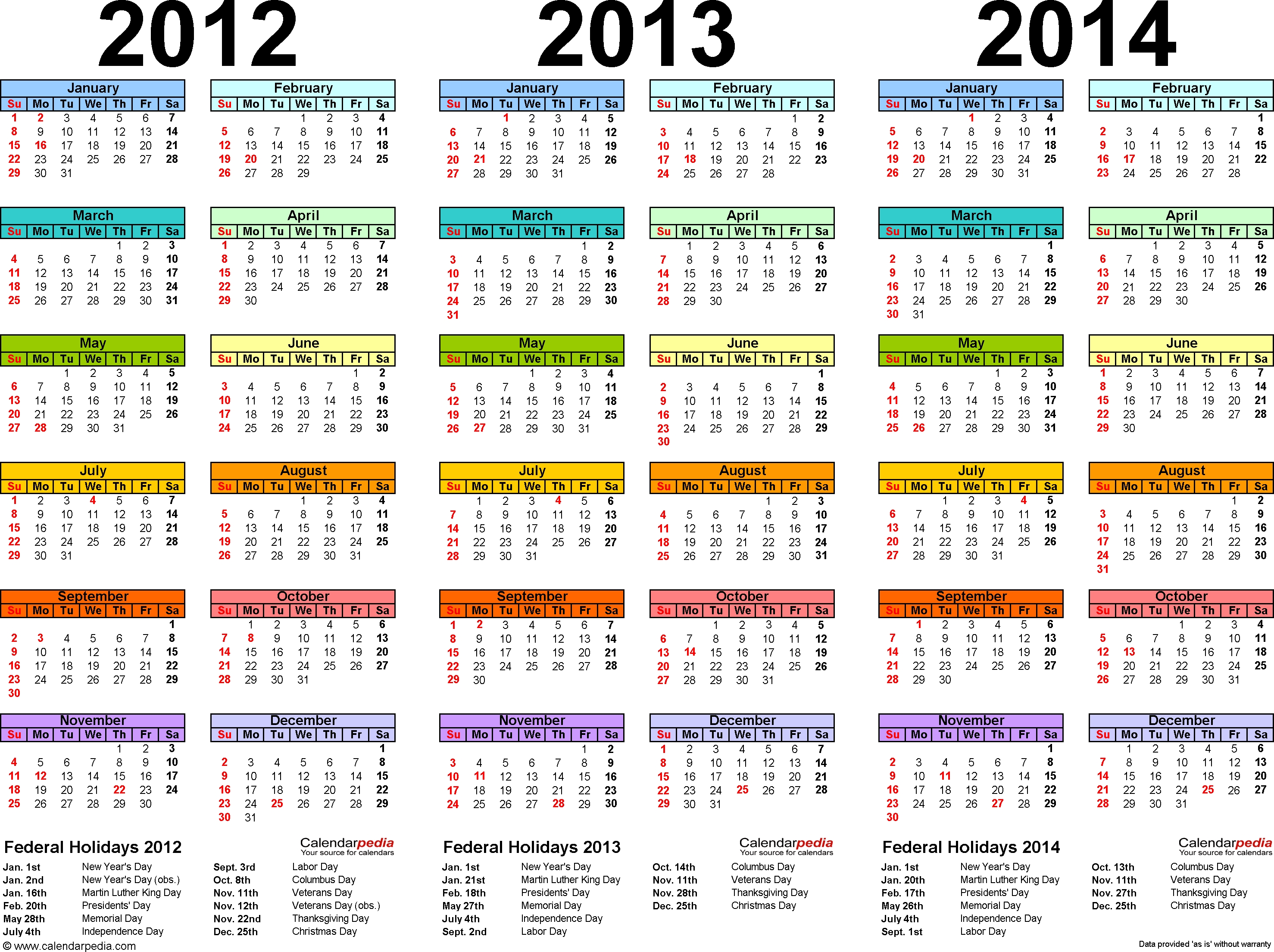2012/2013/2014 Calendar - 2 Three-Year Printable Excel Calendars  2014 Calendar Printable Yearly Calendars