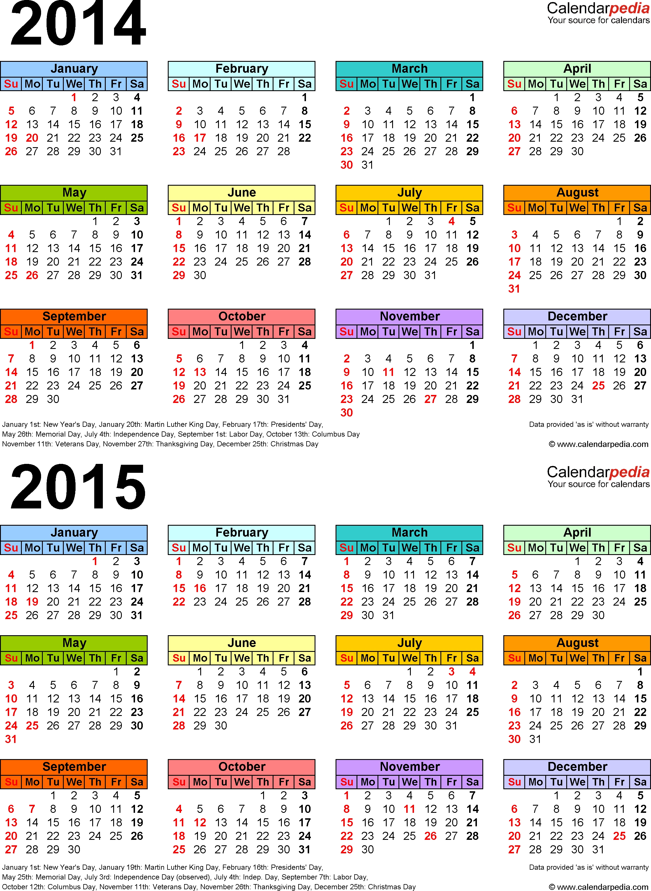 2014-2015 Calendar - Free Printable Two-Year Pdf Calendars  Printable Yearly Calendar 2014 2015