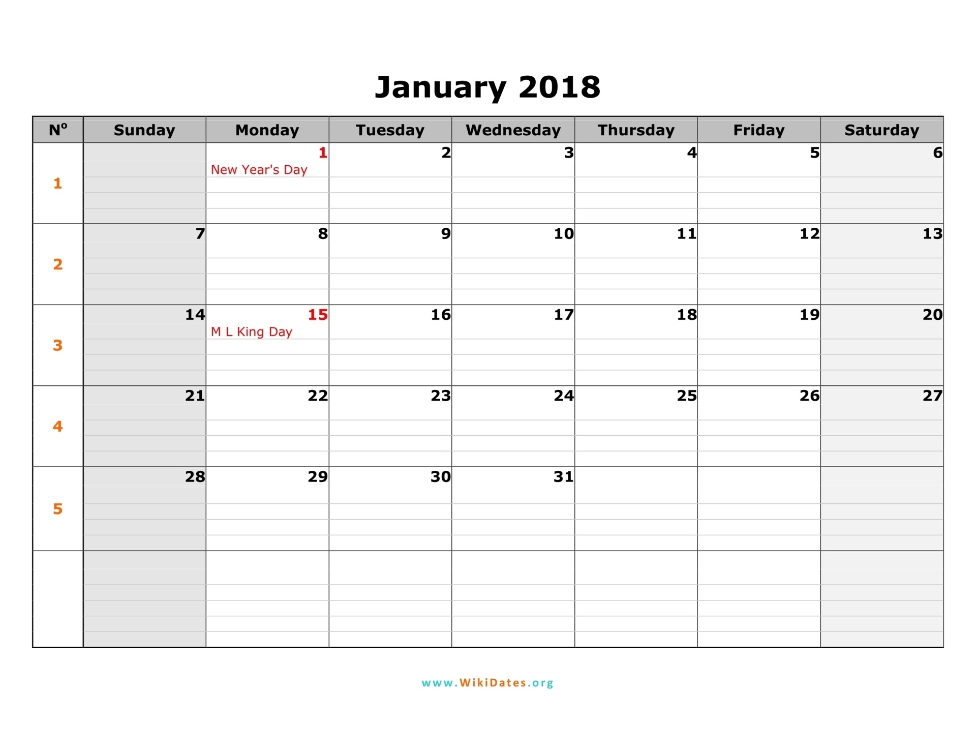 2018 Calendar | Wikidates  Calendar By Month Monday To Friday
