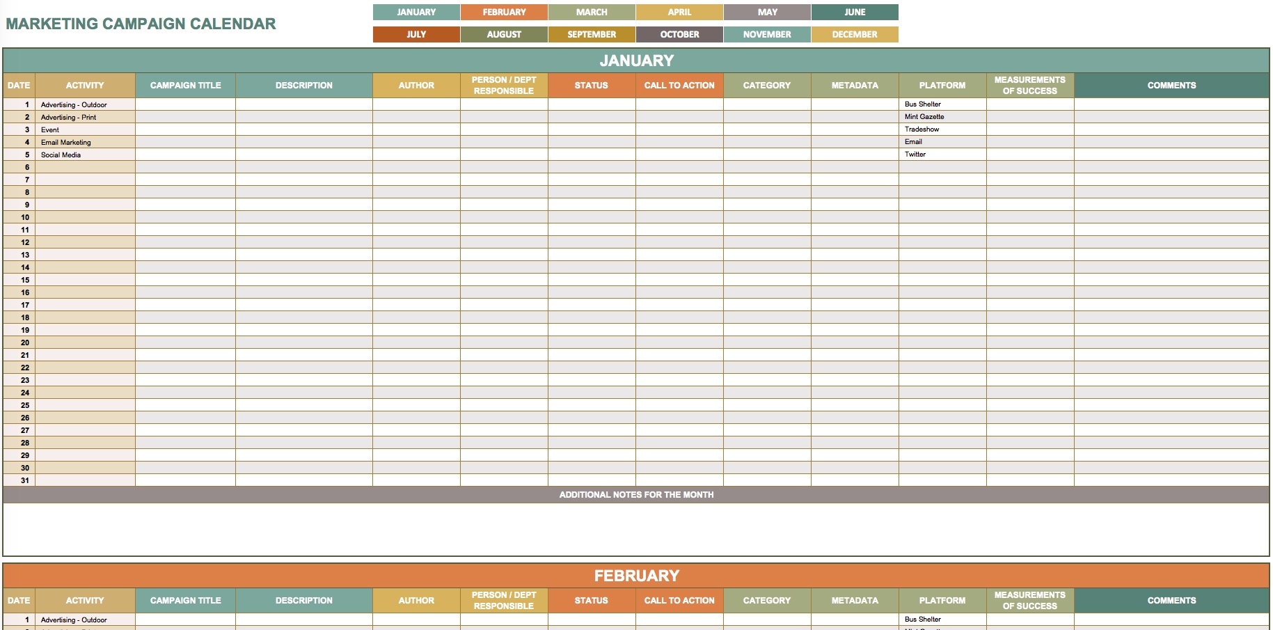 9 Free Marketing Calendar Templates For Excel - Smartsheet  Schedule Of Activities Calendar Format