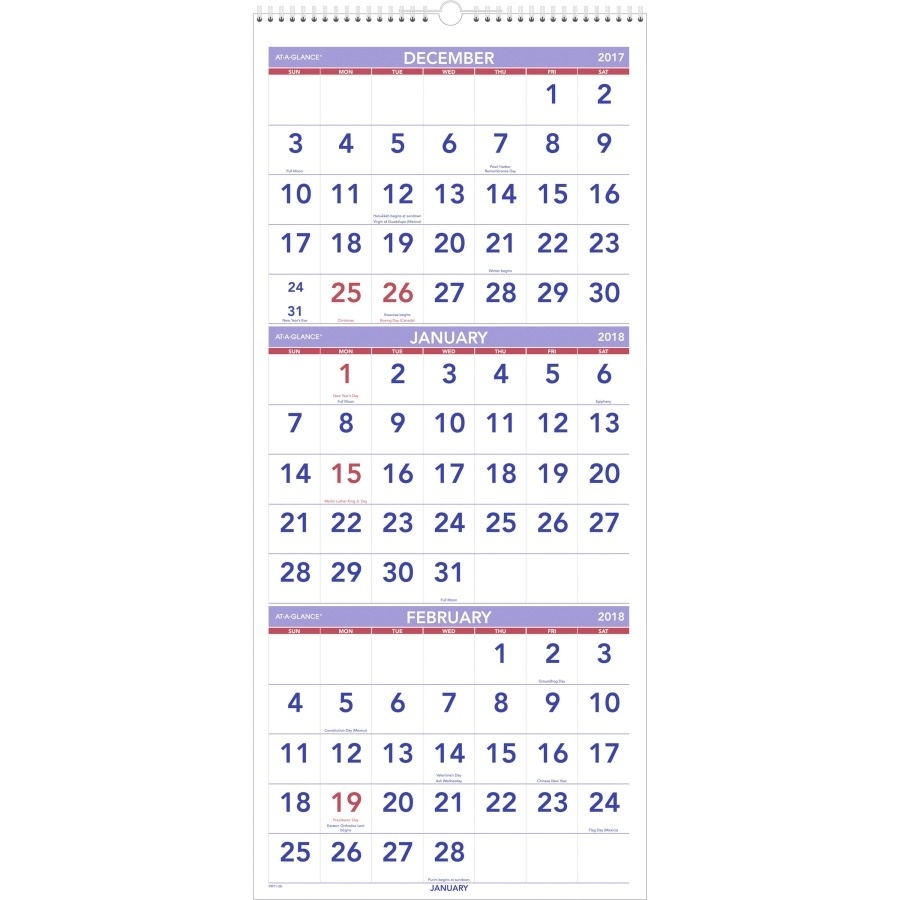 At-A-Glance 3 Month Reference Wall Calendar - Aagpm1128  Three Month Single Page Calendar
