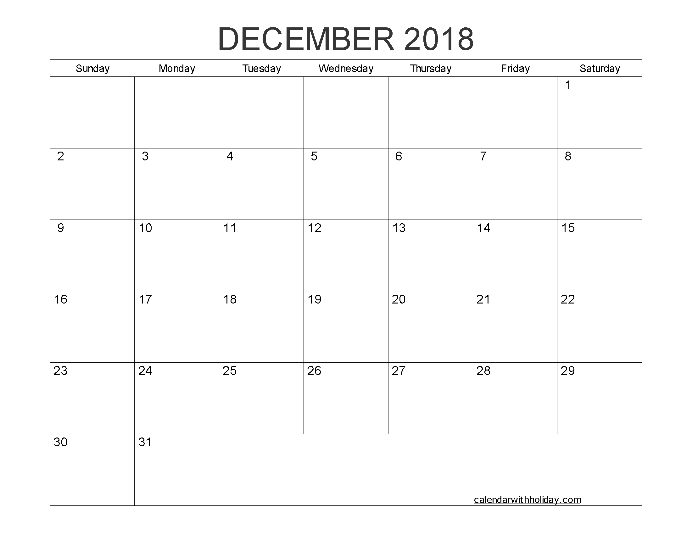 Blank Calendar December 2018 Printable 1 Month Calendar Template  Blank One Month Calendar Template