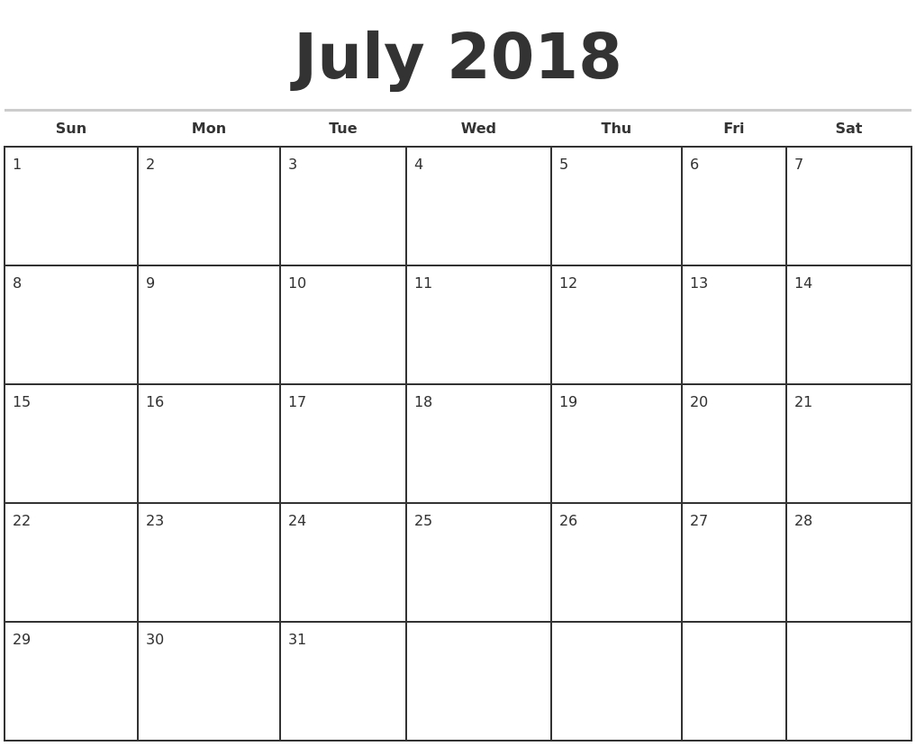Blank Calendar July 2018 Monthly Planner With Notes – Printable  Blank Printable Calendar By Month With Notes