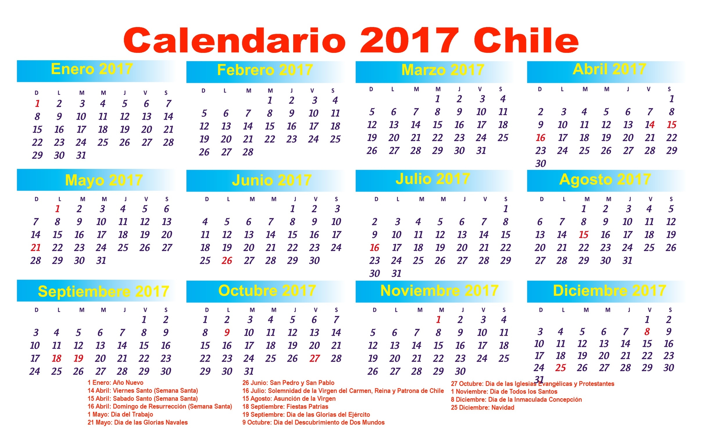 Calendario 2017 | 2019 2018 Calendar Printable With Holidays List  Calendarios 17 Feriados En Chile